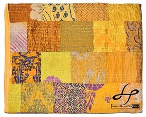 Silk Blanket Indian Bedcover Hippie Kantha Quilt King Size Bedsheet Yellow Throw - Picture 1 of 7