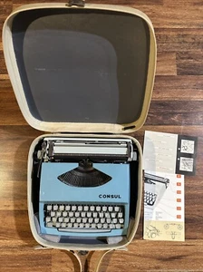 Vintage 1960's CONSUL 231.3 Portable Typewriter & Leather Carrying Case Blue - Picture 1 of 14
