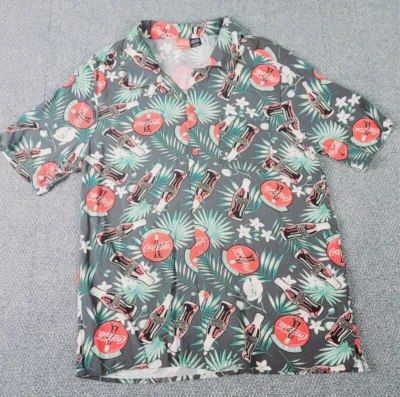 Coca Cola Shirt Mens L Grey Hawaiian Aloha Floral Classic Bottle All Over Camp - Image 1 of 4