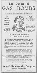 1915 Cavendish inhaladores antigas Primera Guerra Mundial anuncian el peligro de las bombas de gas - Imagen 1 de 1