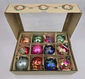 x12 Vintage Hand Painted Glass Christmas Ornaments Ball Original Box - GOOD COND - Picture 1 of 9
