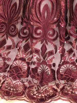 Cabernet Sparkly Embroidery Lace fabric.Sequined Velvet Sparkly Ornaments. BTY - Image 1 of 4