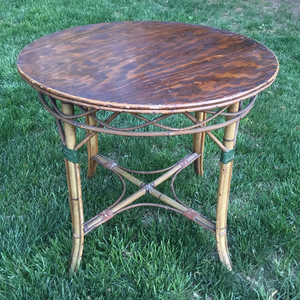 Arts & Crafts Aesthetic Round Wood Table Bamboo Legs &Trim -JB Vansciver Labeled - Image 1 of 4