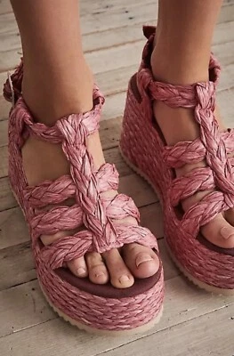 Sandalia Plataforma Free People Rafia Rendevous Rosa Tejido Trenzado Hebilla 39/9 NUEVA Foto 1 de 4
