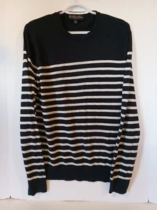 Brooks Brothers Sweater Mens L Black Stripe Italian Silk Cotton Blend Crew Neck - Picture 1 of 7