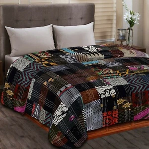 Indian Handmade Vintage Silk Patchwork Kantha Bedspread Quilt Throw Blanket - Picture 1 of 2