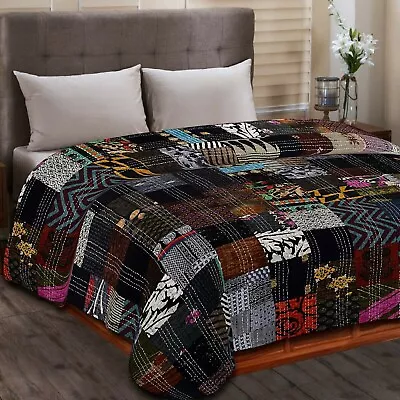 Indian Handmade Vintage Silk Patchwork Kantha Bedspread Quilt Throw Blanket - Image 1 of 2