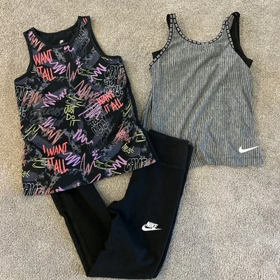 Nike Girls 10 Athletic Lot Tank Tops Black Leggings - Image 1 of 4