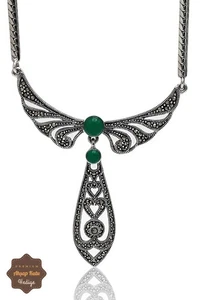 Emerald Stone Angel Wing Model Marcasite Stone Silver Women's Necklace 201024270 - Picture 1 of 3