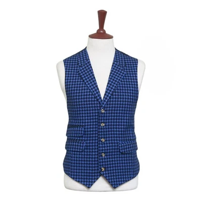 Mens Vest 44R Blue Check Wool Lapel Waistcoat XL Formal Wedding Groom Party - Image 1 of 4