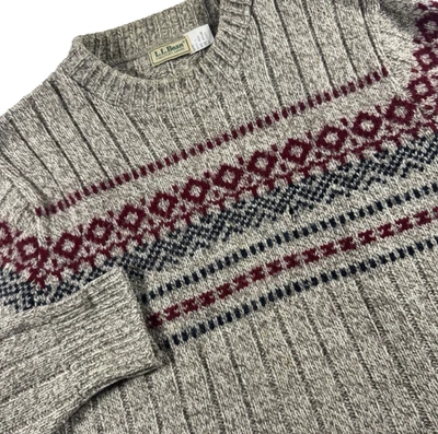 Suéter De Colección LL Bean Lana Para Hombres Grande Fair Isle Fisherman Cuello Redondo Beige Gris Foto 1 de 4