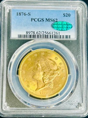 Moneda de oro cabeza libertad águila doble estadounidense 1876 S $20 dólares MS62 PCGS CAC Foto 1 de 4