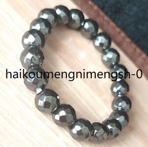 Natural Faceted 9-10mm Terahertz Wave Energy Stone Round Beads Healing Bracelet