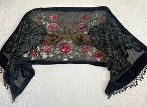 VTG Peacock Silk Beaded Shawl Wrap Burnout Tasseled 90s Black Velvet Trims - Picture 1 of 17