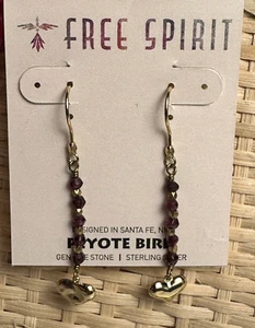 Peyote Bird Garnet Beaded Heart Drop Dangle Earrings Sterling Silver Artzy Boho - Picture 1 of 10