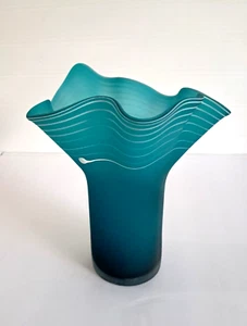 Vintage Satin Glass Vase Turquoise with White Stripe Handkerchief Hand Blown - Picture 1 of 20