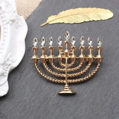 Broche de diamantes de imitación de menorá de oro de Janucá judío judío judío Foto 1 de 4