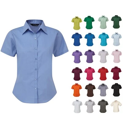 Blusa semi ajustada de popelina lisa de manga corta Premier para mujer ropa de trabajo inteligente camisa Foto 1 de 4