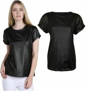 New Women's Ladies Turn Up Cap Sleeve Wet Look Faux Leather PVC PU Top Plus Size - Picture 1 of 5