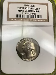 1967 NGC Triple Curved Clips Mint Error Washington Quarter ~Very Nice!~ - Picture 1 of 2
