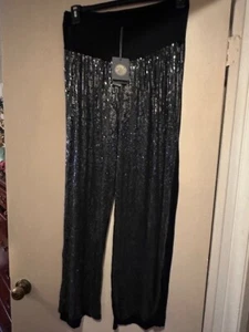 M Black Sequined Front Knit Back Long Ankle Viscose/Elastane Pants Size XL - Picture 1 of 1