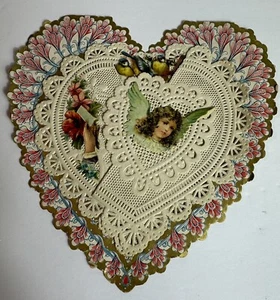 Antike gestanzte Valentinskarte Herzform Dresdner Spitzenpapier - Bild 1 von 9