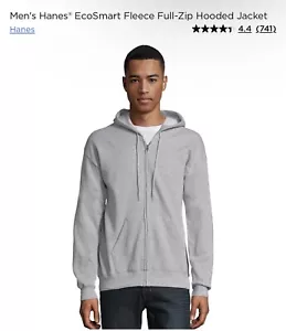 Hanes Men's Medium EcoSmart Grey Fleece Zip Up Hoodie Sweat Jacket NEW - Picture 1 of 8