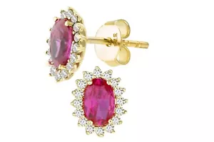 9ct Yellow Gold simulated RUBY & CZ Oval Cluster Stud Earrings - 9mm x 7mm - Picture 1 of 6