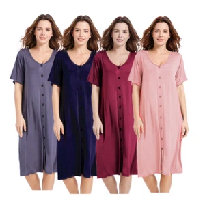 Women's Nightgown Short Sleeve Plain Sleep Nightshirt Button Down Pajama Dress - Picture 1 of 39