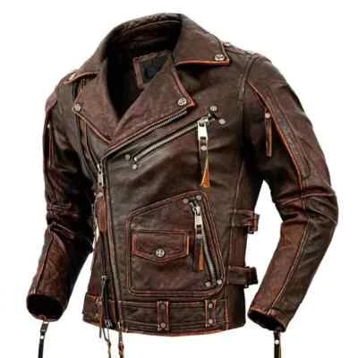 Chaqueta de cuero real envejecida para hombre motociclista vintage café corredor Foto 1 de 4