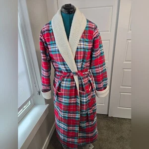 LANDS' END SHERPA GEFÜTTERT ROT KARIERT FLANELL MORGENMANTEL DAMEN XS 2-4 FESTLICH WARM KUSCHELIG - Bild 1 von 16