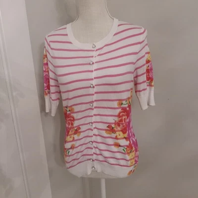 Womens New York & Company Medium Pink White Stripe Sweater With Roses  - Image 1 of 4