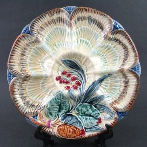 Antique MAJOLICA "Lily of the Valley" OYSTER PLATE - Wasmuel, Belgium c.1880's - Picture 1 of 9