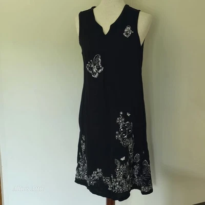 Vestido Negro Blanco Sin Mangas Mariposa Floral Playa Lentejuelas Menta Bahía M Foto 1 de 4