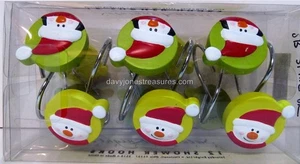 Christmas Bath Shower Curtain Hooks HOLIDAY FRIENDS Penguins & Snowman Santa Cap - Picture 1 of 2