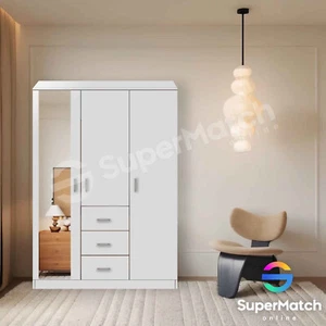 Wardrobe Cabinet 3 Doors 3 Drawers Shelves Full Length Mirror Clothes Storage - Picture 1 of 9