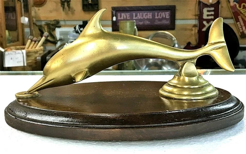 Brass Dolphin Door Knocker On Wooden Plaque Cover