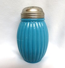 Ribbed Blue Opaline Glass Sugar Shaker / Muffineer - Straw Marks