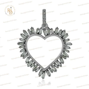 925 Sterling Silver Genuine Baguette Diamond Heart Charm Pendant Unisex Jewelry - Picture 1 of 4