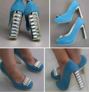 Gorgeous Fancy Blingy Platform Pumps 8M Wild Rose Suede Look Blue/Gold Metallic - Picture 1 of 18