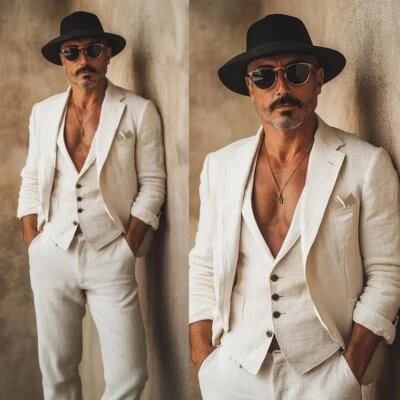 Linen Business Men Suits Spring Summer Wear Slim Fit Notch Lapel Single Breasted - Image 1 of 4