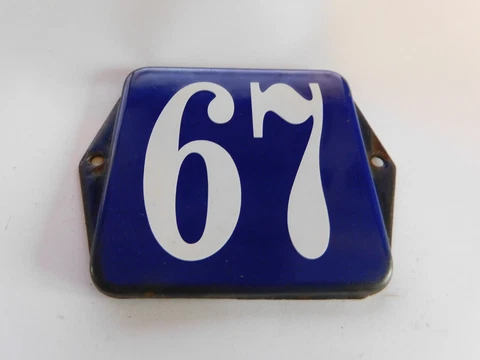Vintage Dutch LANGCAT Emaille 5x4 Inch Enamel Porcelain House Number on Steel 67 Cover