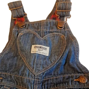 Osh Kosh B'Gosh Bib Overalls 12M Heart Denim Blue Jean Flannel Lined Vestback - Picture 1 of 11
