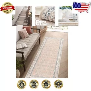 Thin Pink Floral Runner Mat 3x10 - Lightweight Non-Slip Carpet for Home - Picture 1 of 9