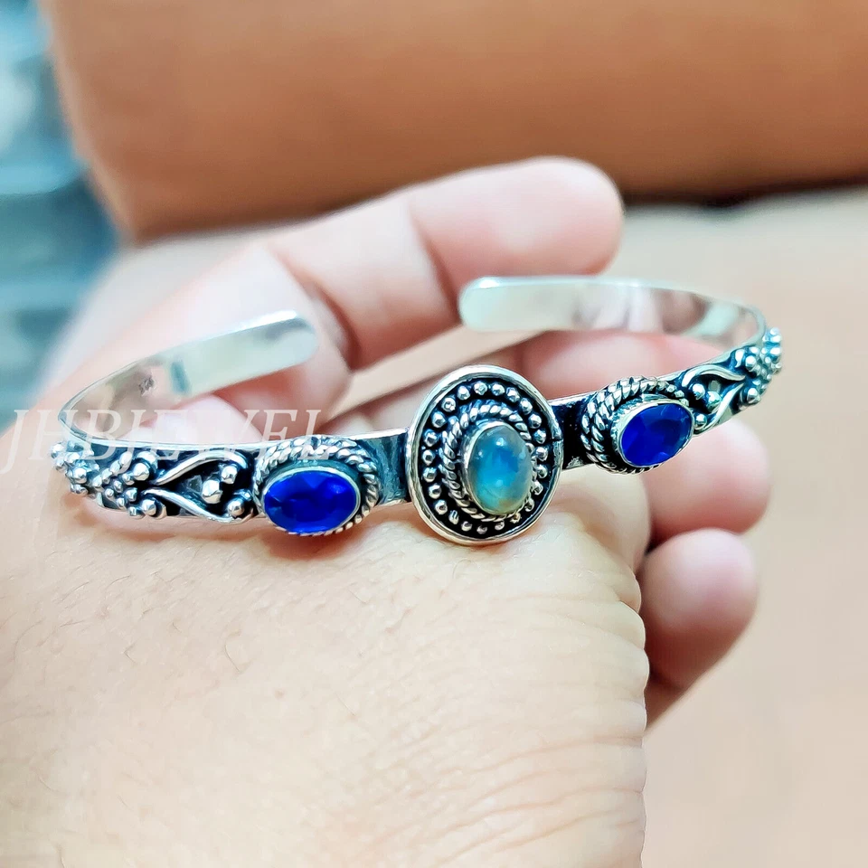 Blue Tanzanite, Labradorite Gemstone Bracelet 925 Sterling Silver Bangle /H-122 - Image 1 of 4