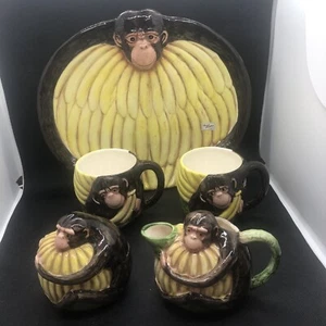 6 Pc Lot Department 56 Safari Monkey 12.5” Platter, Cream & Sugar & 2 Coffee Mug - Picture 1 of 12
