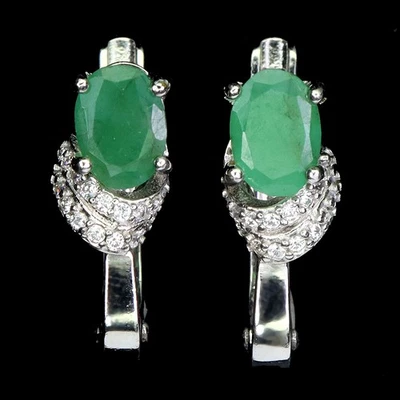 925 Sterling Silver Earrings Oval Emerald 7x5mm Natural Gemstone Jewelry - Image 1 of 4