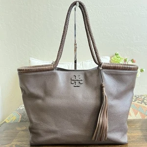 Borsa Tory Burch Taylor grigia beige pelle manici intrecciati frusta bordo pelle - Foto 1 di 18