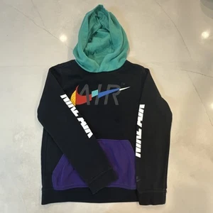 Nike Youth L Hoodie AIR Logo Black Pullover Teal Hood Purple Pocket Streetwear - Picture 1 of 13