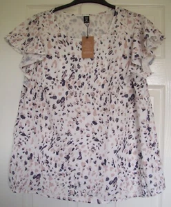 Ladies geometric print top ruffle sleeve white pink blue grey size 2XL XXL 18 BN - Picture 1 of 5